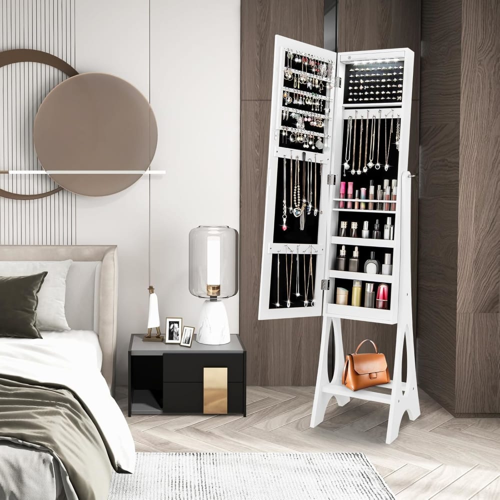 Giantex Armoire à bijoux sur pied miroir blanc 36x33,5x154,5cm Blanc 36x155x34cm