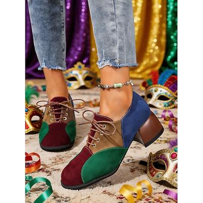 Damen Mardi Gras mehrfarbige Patchwork Blockabsatz Oxfords – Retro Farbblock Schnürpumpen für Karnevalskostüme Clowns funky Alltagskleidung