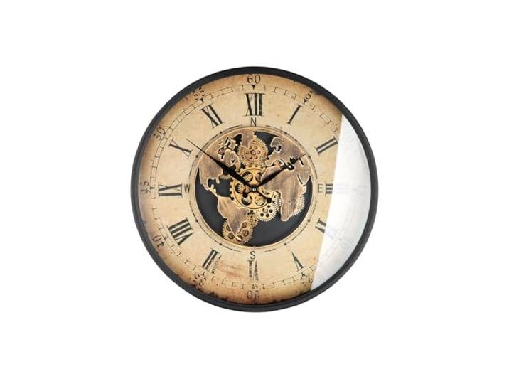 GILDE Wanduhr - Metall - Rund - Ø 60cm - Weltkarten- und Zahnrädermotiv - Creme Kupferfarben - Batterien in der Lieferung Nicht enthalten