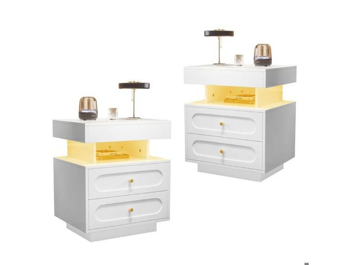 Table de chevet avec éclairage LED 2 tiroirs et 1 compartiment ouvert blanche L100/P40/H60 cm