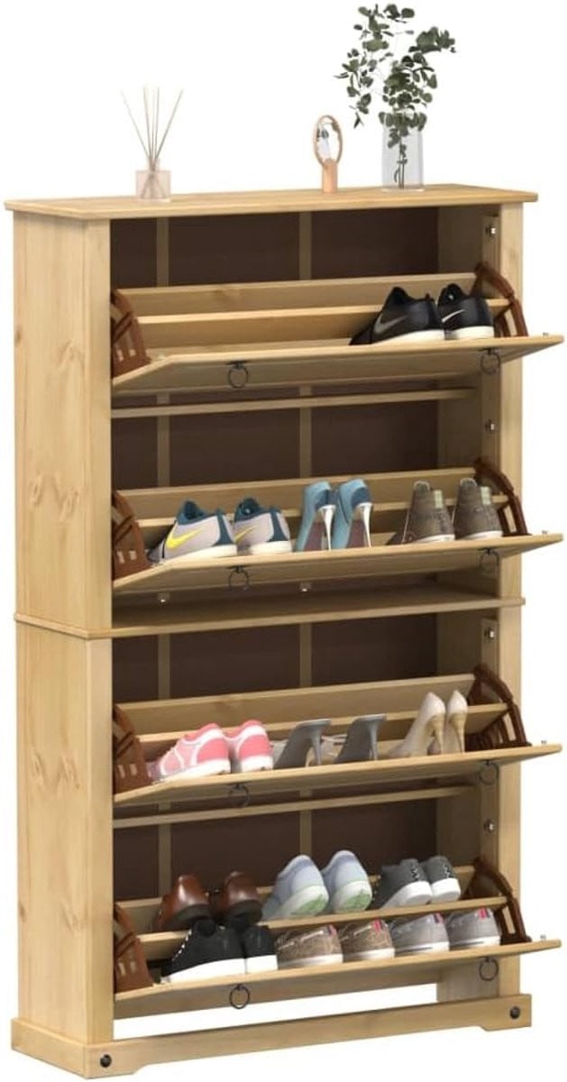 Massief houten schoenenkast voor in de hal met vier kleppen en planken