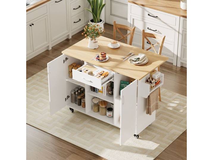 Desserte Cuisine avec Plan de Travail Pliant îlot Central Cuisine à Roulettes Chariot de Service 120x43.5-67.5x92.9cm Blanc