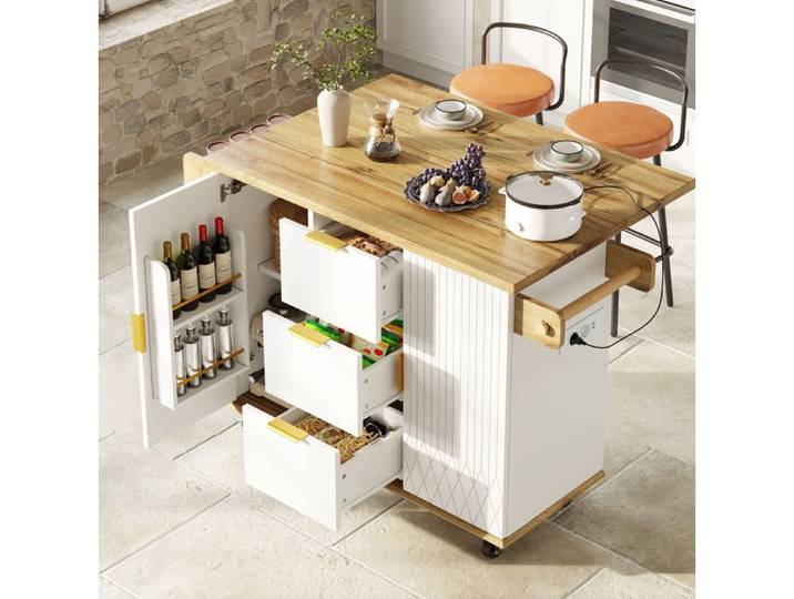 Chariot de Cuisine avec 2 Tabourets de Bar Plan Extensible et 3 Tiroirs - TCQPZ - Prise Integree MDF Metal Blanc