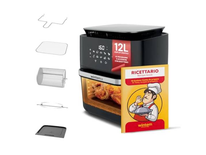 Wintem TurboFry Luftfritteuse XXL 12L Touch-Display, 10 Programme, inklusive Zubehör und Rezeptbuch, Kochen ohne Öl, Grillen, Rösten und Backen, gesunde Art