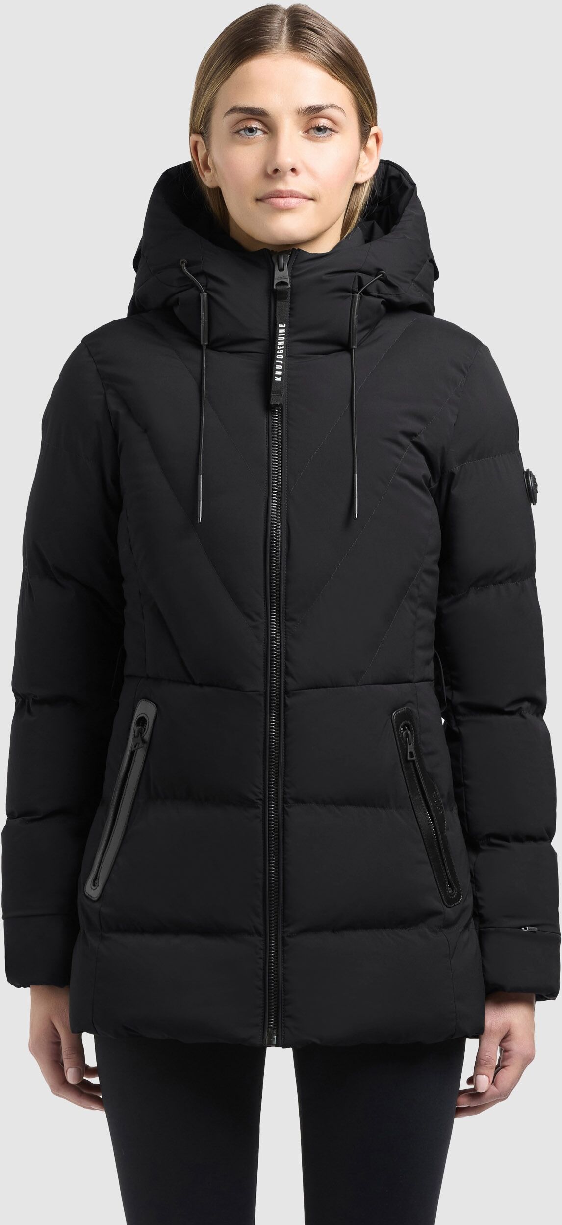 Steppjacke KHUJO "RABB2", Damen, Gr. M, schwarz, Web, Obermaterial: 100% Polyester. Futter: 100% Nylon. Füllung: 100% Polyester, unifarben, hüftbedeckend, elastischer Bund, Jacken Steppjacke, Applikationen aus Kunstleder schwarz M