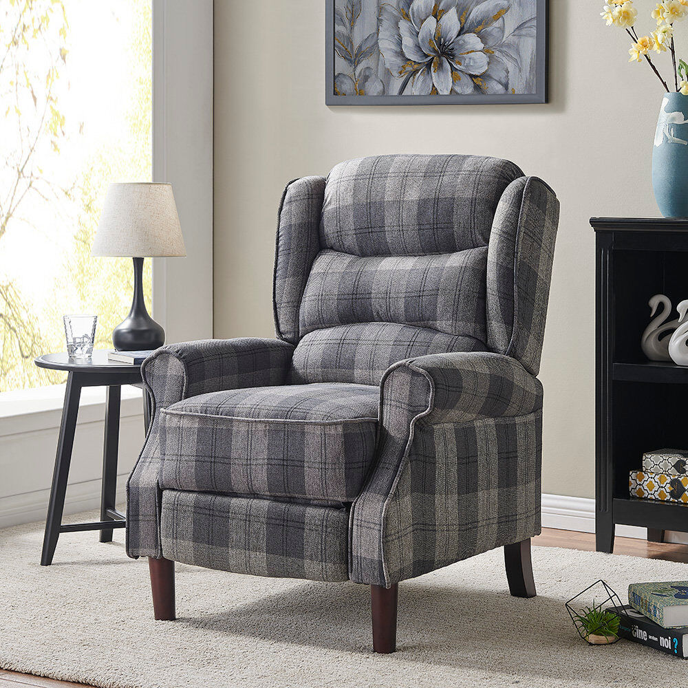 Brambly Cottage Mccomas 77cm Wide Wing Chair Recliner Grey/Tartan 105cm H X 77cm W X 82cm D