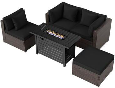 Costway Heavy-duty Frame Rattan Sofa Set with 60000 BTU Firepit Table-Black