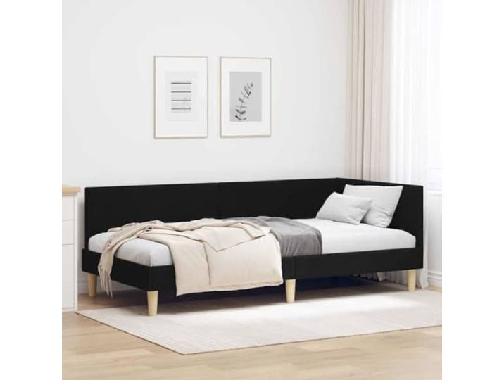 Stoffbezug und Sperrholz Eckbett zum Sofa wandelbar 90x200 cm Schwarz Eckbettgestell Schwarz 90x200 cm Stoff Sperrholz L-Form mit Lattenrost Sofa Bett Kleine Wohnung Platzsparend