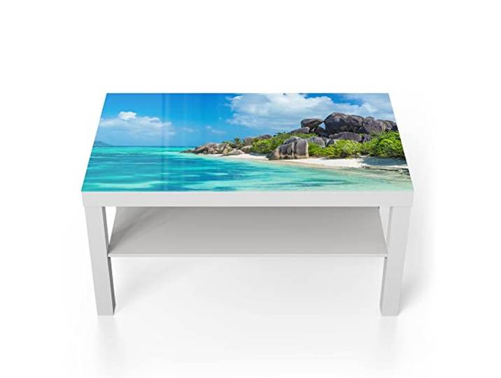 DEQORI Glastisch weiß groß 90x50 cm Motiv Felsformation am Strand ausgefallener Beistelltisch aus Glas Hochglanz Couchtisch fürs Wohnzimmer moderner Couch Tisch mit Design