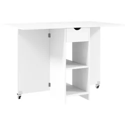 OKWISH Klapptisch aus Spanplatte in Weiß, 114,5x70x75 cm, mit Schublade und 2 offenen Fächern, platzsparend
