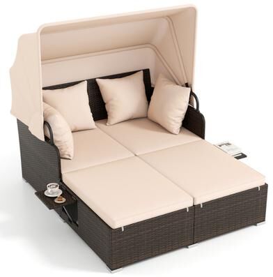 Costway Outdoor Patio Rattan Daybed with Retractable Canopy and Side Tables-Beige