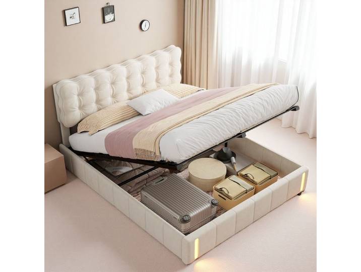Lit Double 160x200 - Sommier-Coffre Hydraulique - Velours Beige - Éclairage LED Intelligent - Éco-responsable