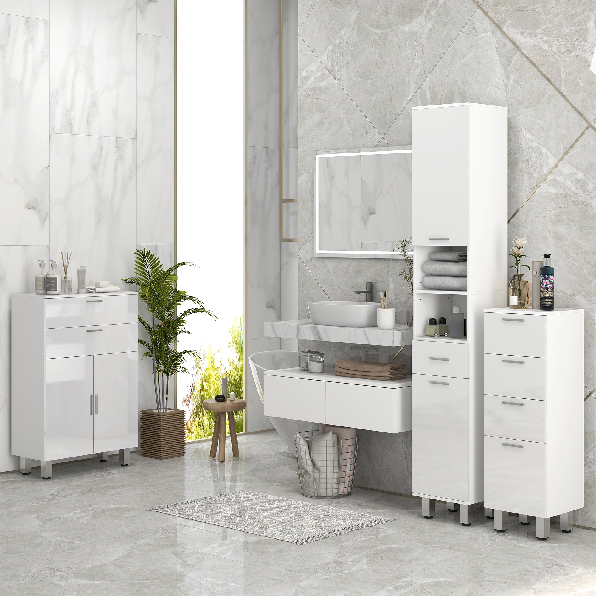 Kleankin Mobiletto Bagno in Truciolato con 4 Cassetti e Base Rialzata, 30x30x93 cm, Bianco Aosom
