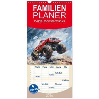 Familienplaner 2026 - Wilde Monstertrucks mit 5 Spalten (Wandkalender, 21 x 45 cm) CALVENDO