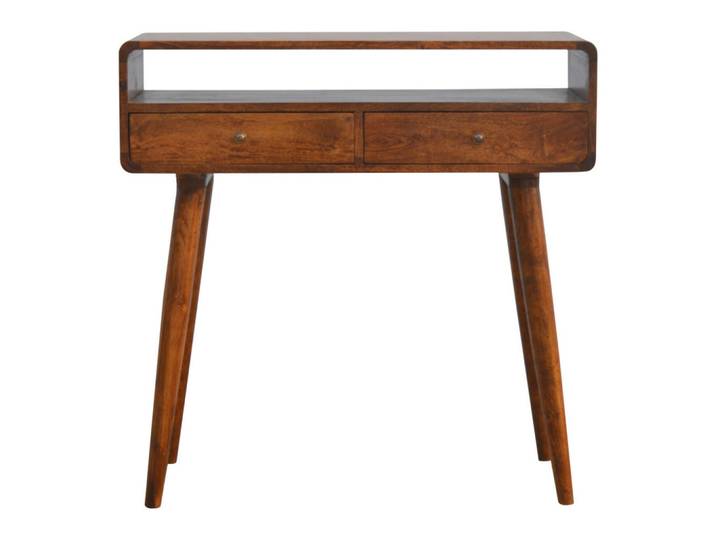 Artisan Furniture Gekrümmtes Konsolentisch im Kastanienholz-Finish, 2 Schubladen, 1 Offenes Fach, Beine im Nordischen Stil, Braun, Holz, Echtholz,Mangoholz, Holz Optik, Rechteckig, 90x90x35 cm, Wohnzimmer, Wohnzimmertische, Konsolentische