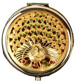 Fusion Finds Elegant Pocket Mirror Crystal Glitter Metal Compact Makeup Mirror For Purse & Travel green Peacock