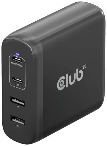 Club3D CAC-1912 Notebook-Netzteil 100W 2x USB-A, 2x USB-C USB PD Schwarz Innenbereich GaN, USB Power Delivery (USB-PD)