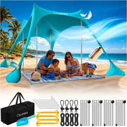 ELONEO Strandzelt, Sonnensegel Strand 300x300x200 cm, LSF 50+, Sonnenschutz für Strand mit Sandschaufel, Heringen und 4 Stabilitätsstangen, 8 Personen, Türkis