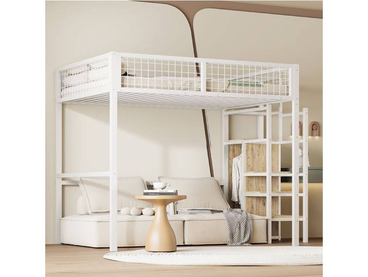 Lit mezzanine 140x200 AESVAR en métal blanc avec échelle de sécurité et rangements intégrés