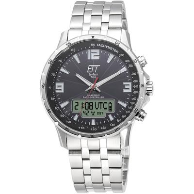 Funk-Multifunktionsuhr ETT "Professional WorldTimer", silber (silberfarben, schwarz, schwarz), Armbanduhren, Herren, silberfarben, Armbanduhr, Herrenuhr, Stoppfunktion, Datum, Solar, Edelstahlarmband