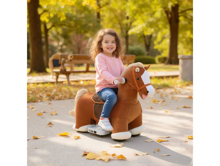 AIYAPLAY Cheval Électrique Enfant Peluche Métal 74x34x51cm Marron
