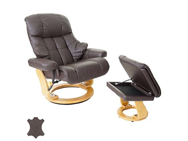 Robas Lund Relaxsessel Calgary XXL mit Hocker, bis 180 kg belastbar, Echtleder braun, Gestell Holz natur