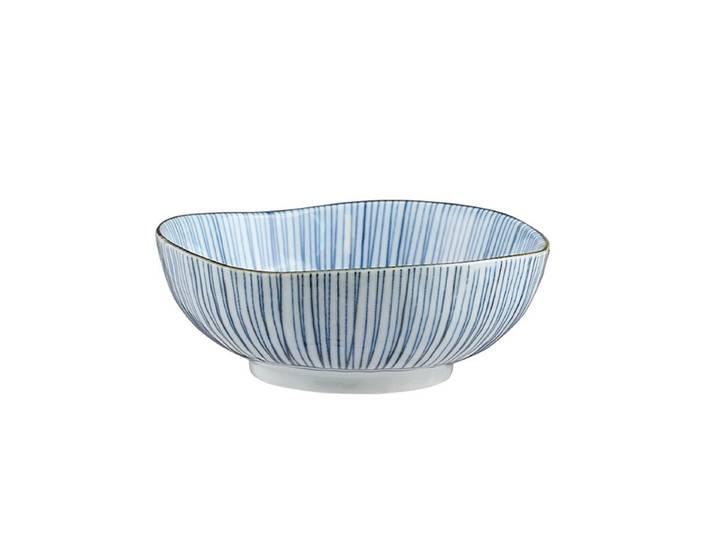 MINOYAKI, Bol irrégulier en porcelaine japonaise, Motif à rayures fines Tokusa, Bord ondulé, 6,6 pouces, Couleur sous glaçure