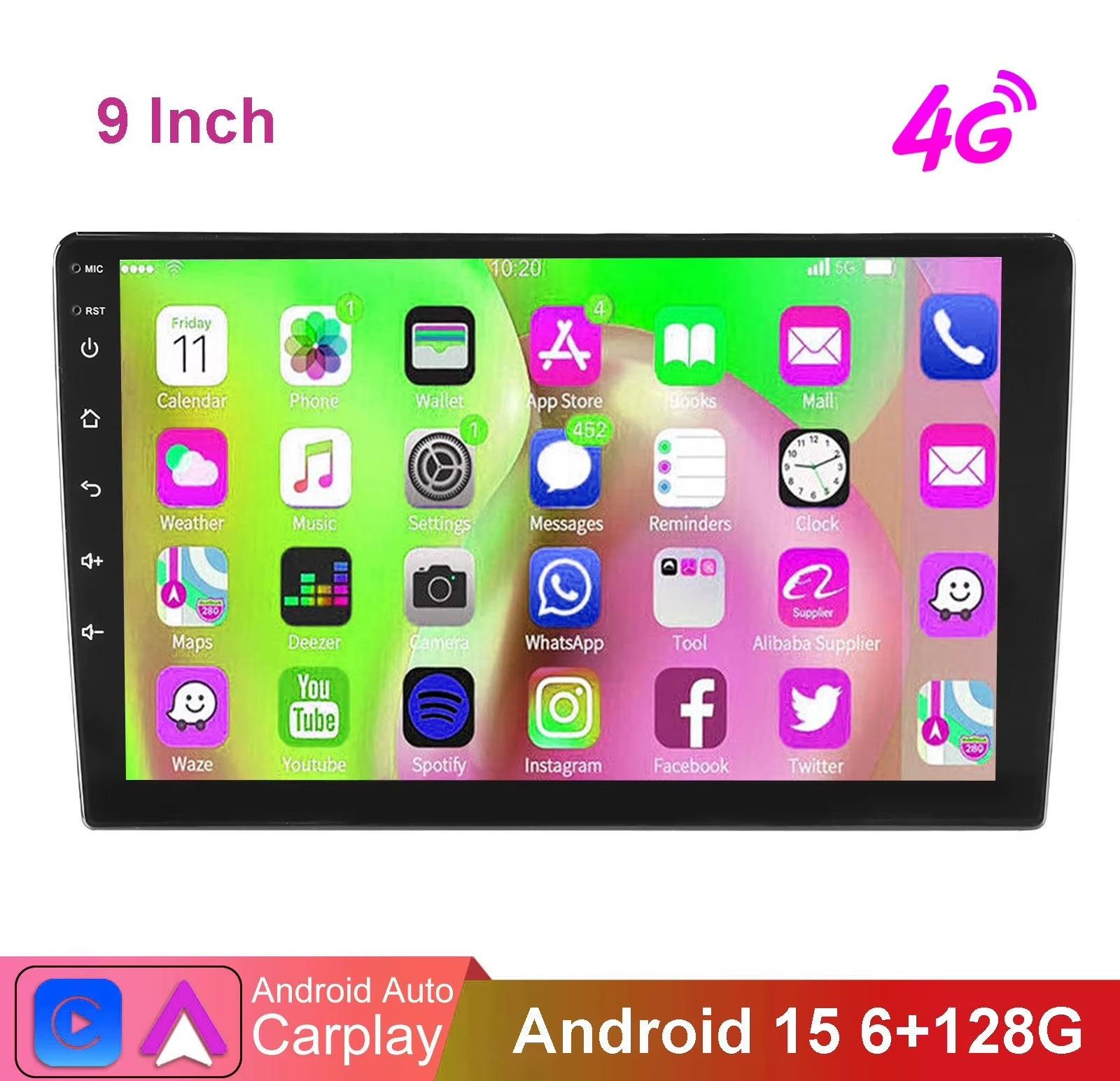 Autoradio - 2-DIN Android-Multimedia-Player - Android 15/16 - 9-Zoll-Touchscreen - 6 GB RAM/128 GB Speicher - 4G - Kabelloses CarPlay