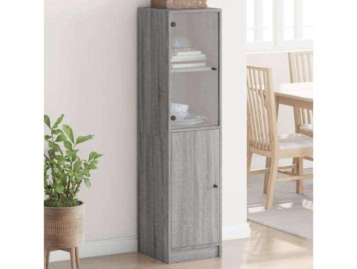 Modernes Highboard mit Glasfront in Grau Sonoma, Elegantes Highboard mit Glastür zur Aufbewahrung, Weißes mit Glastür für stilvollen Stauraum, mit in Grau Sonoma 35x37x142 cm