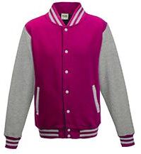 Just Hoods By AWDis JHA043 Adult Letterman Jacket in Hot Pink/Heather Grey size Small   Ringspun Cotton