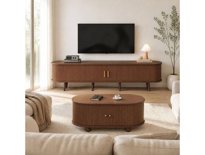 WUVRIE Ensemble meuble TV et table basse 2 pièces décor noyer MDF avec rangement