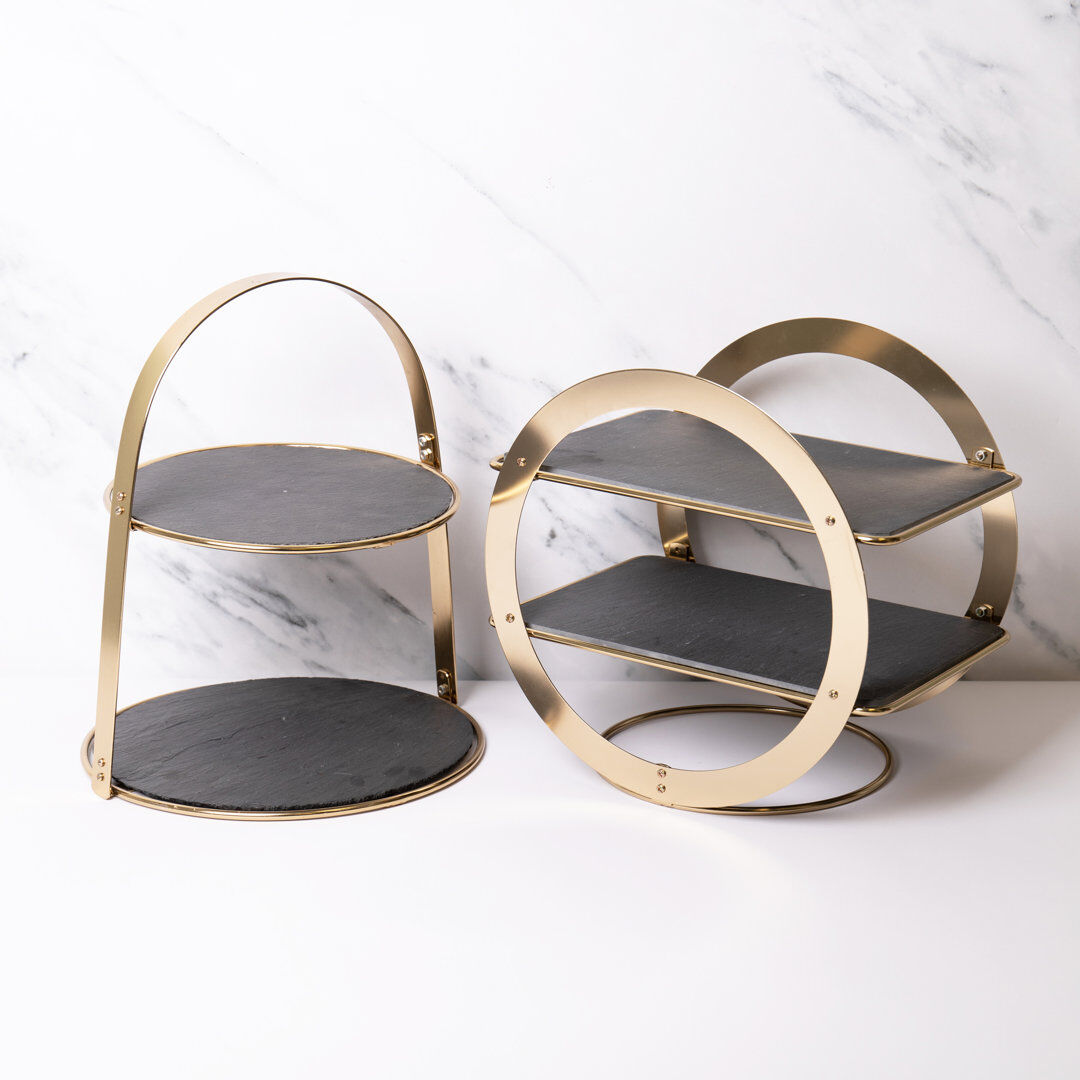 Artesà 2-Piece Brass and Slate Serving Stands Set Brown;Black 30cm H X 31.5cm W