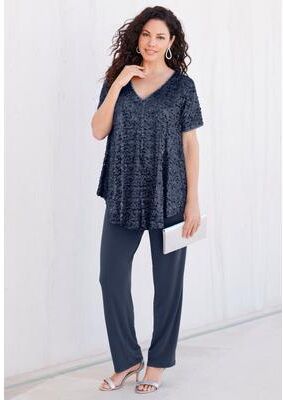 Plus Size Women's Extended Plus Size 2 Piece S/S Sequin Top and Pant Set by Roaman's in Navy (Size 44 W)