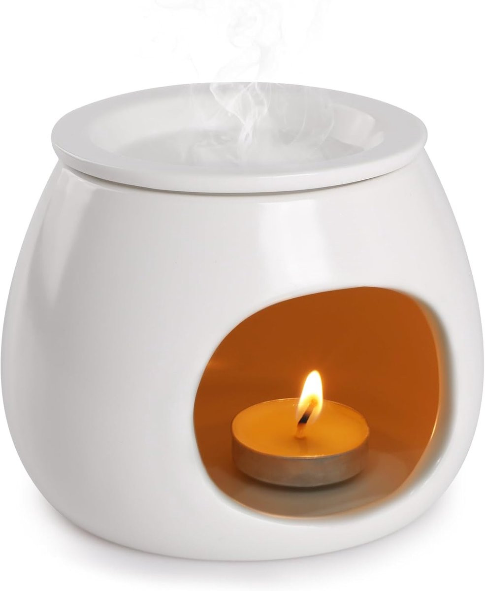 Keramische Wax Smelt Brander en Aroma Diffuser voor Essentiële Oliën en Theelichtjes, Wit