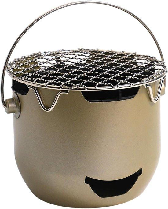Draagbare mini houtskoolgrill voor buiten in groen en goud met roestvrijstalen afwerking