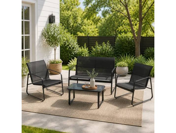 Ensemble mobilier extérieur 4 pièces - PAGE LIVING - PAGE Living - métal & tissu respirant - table verre trempé - noir