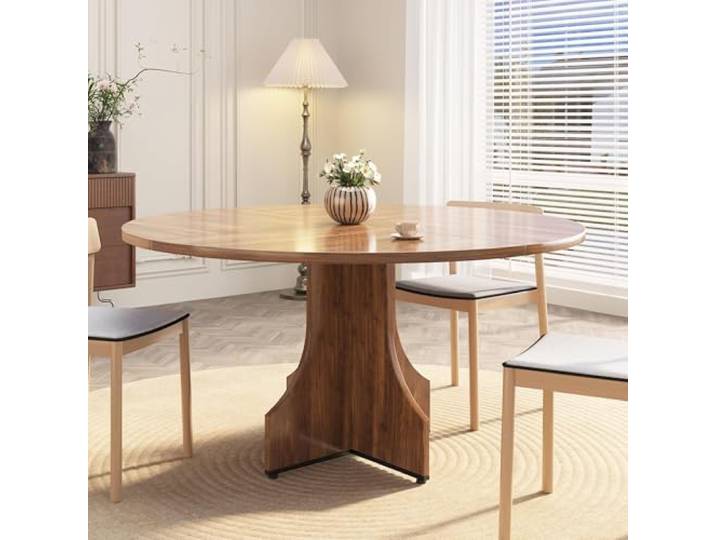 GarveeMore Moderner runder Esstisch 120 cm mit Ablageboden – Landhausstil für 4–6 Personen – Höhenverstellbare Füße – Walnut