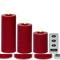 Lumineo 3 LED Kerzen mit Timerfunktion 11-19cm Wachs - flackernde Flamme Echtwachskerze Kerzen batteriebetrieben Wachskerze Stumpenkerze Rustik Rot Warmweiß