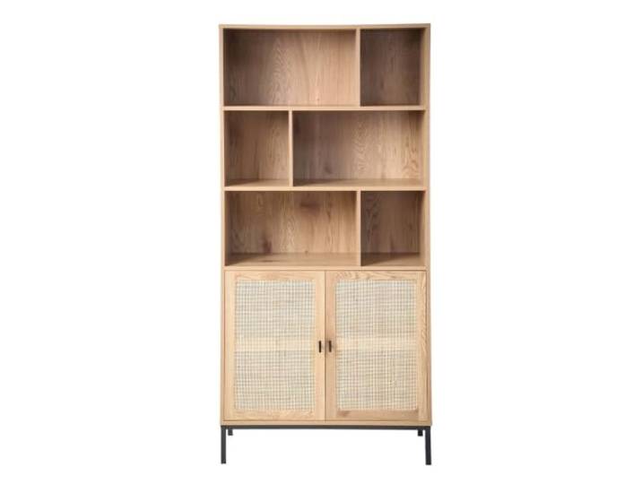 Calicosy - Bücherregal 6 Fächer 2 Türen Rattan - Holzoptik - Bibliothèque - Metalloberflächen - Regale, Schränke - Wohnzimmer, Salon, Schlafzimmer - Exotisches Industrial Design - B80 x T35 x H175 cm