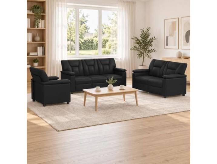Sofa-Set 3 pcs Schwarz Kunstleder Metallrahmen Faserfüllung Kissen, Armlehnen aus Sperrholz, Reißverschluss Bezüge, schlanke Linien