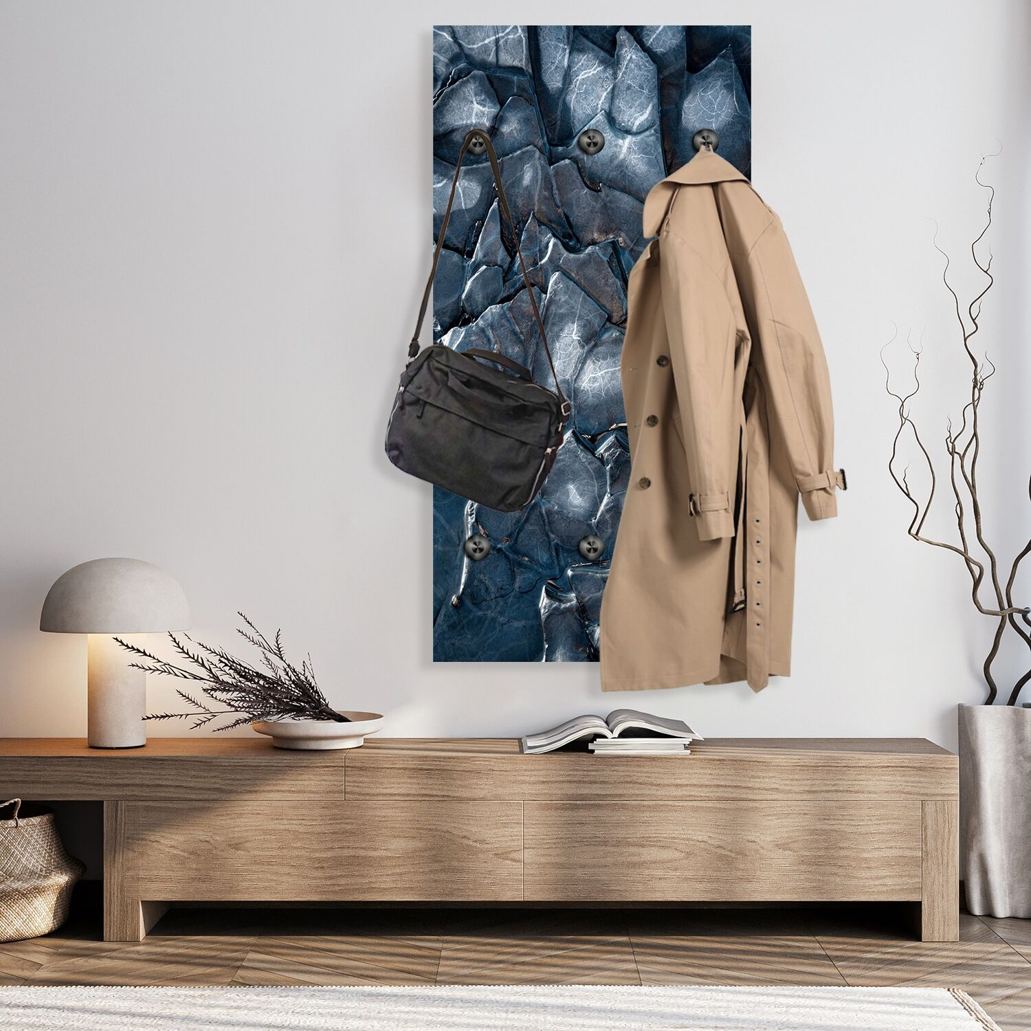 Wandgarderobe QUEENCE "Edelstein Spa Magie", blau, B:50cm H:100cm T:2cm, Acrylglas, Garderobenpaneele, Wandgarderobe, Wandpaneel aus Acrylglas inkl. 6 Edelstahlhaken in schwarz matt blau B/H/T: 50cm x 100cm x 2cm