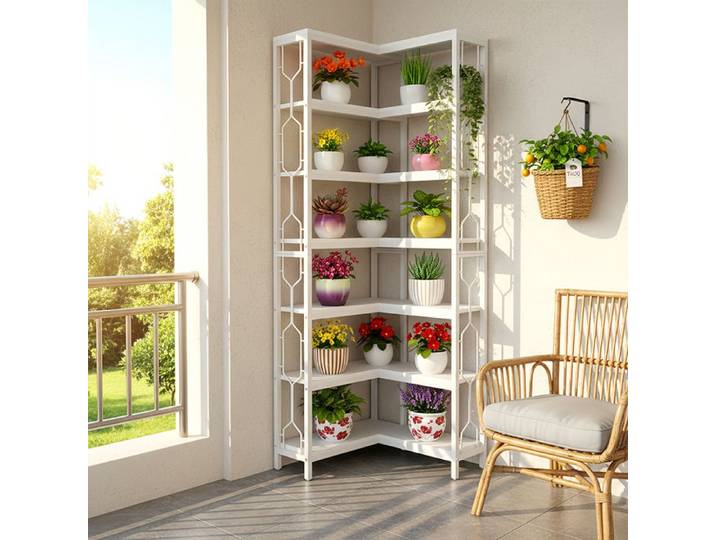 Étagère d'angle de 200 cm Bibliothèque Angle à 7 Niveaux Industrielle avec Structure Métallique Étagère de Rangement Blanc