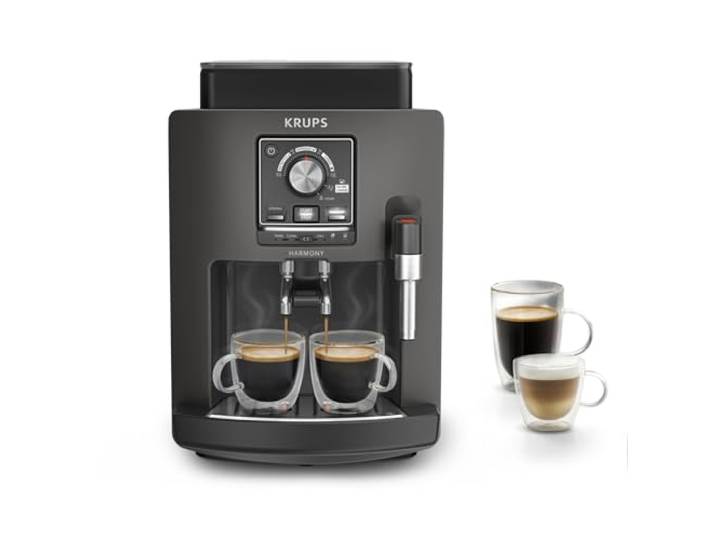 KRUPS Harmony Kaffeevollautomat mit Milchaufschäumdüse 4 Kaffeespezialitäten, intuitive Bedienung, automatische Reinigung, Doppeltassenfunktion, kompaktes Design, Coal, EA508BE0