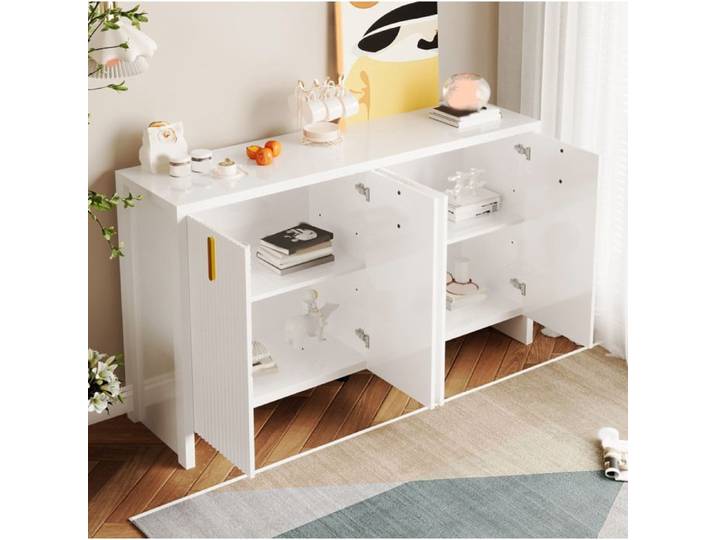 Maisentiel Buffet bas blanc 4 portes poignées dorées étagères réglables panneaux de particules 140 cm