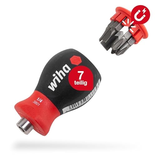 Wiha Stubby schroevendraaier met magnetische houder, Phillips en plat, inclusief 6 bits, zwart