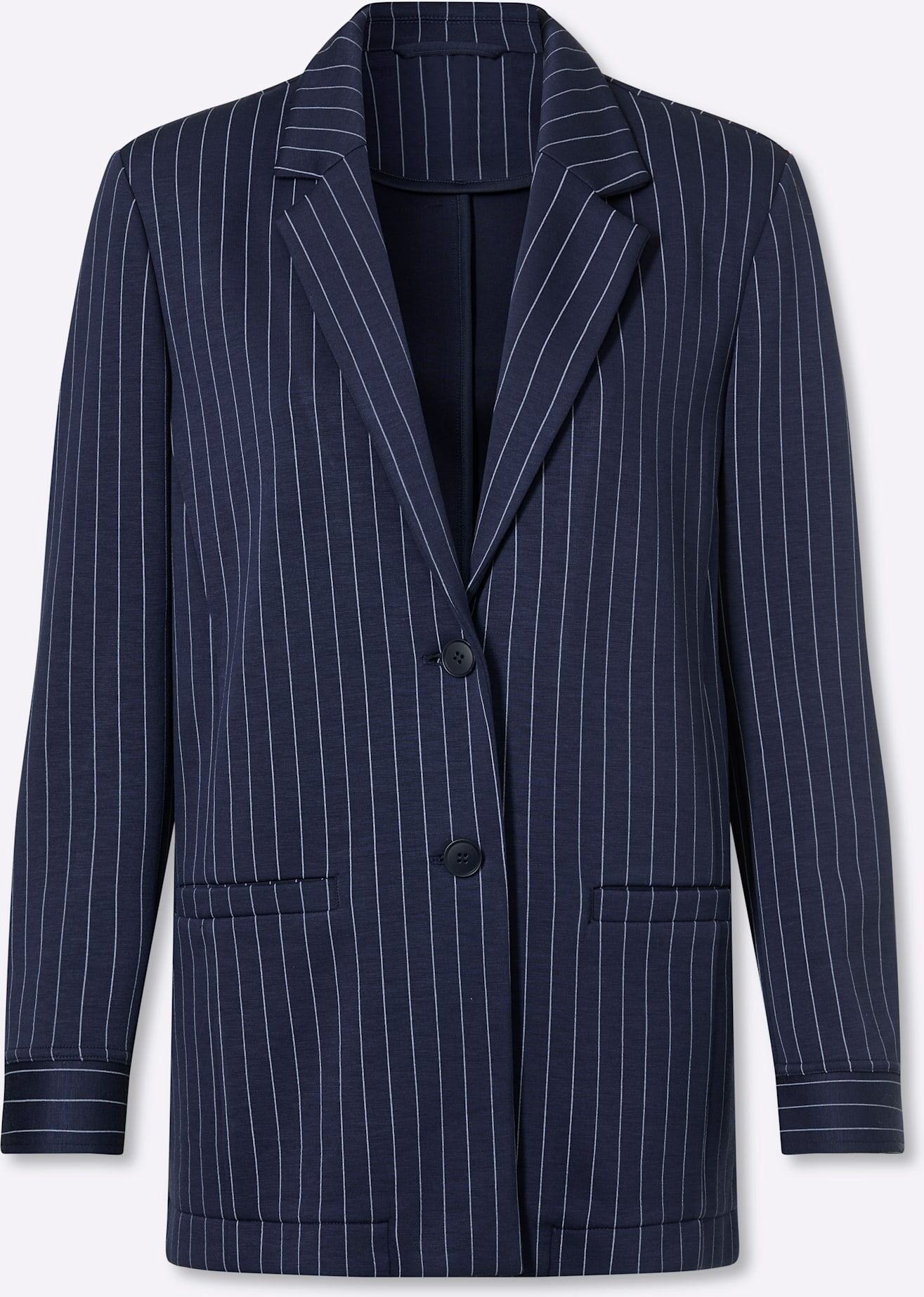 Jerseyblazer HEINE "Jersey-Blazer", Damen, Gr. 44, blau (marine, ecru nadelstreifen), 55% Viskose, 40% Polyester, 5% Elasthan, Blazer Jerseyblazer marine, ecru nadelstreifen 44