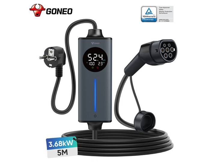 GONEO Type 2 Chargeur EV portable fiche Schuko 16A 3.68kW avec protection RCD 30mA+6mA DC, minuterie et économie d’énergie, sécurité totale, Plug &amp; Play, compatible avec tous les véhicules électriques IEC 62196-2 VE et PHEV - 5 m