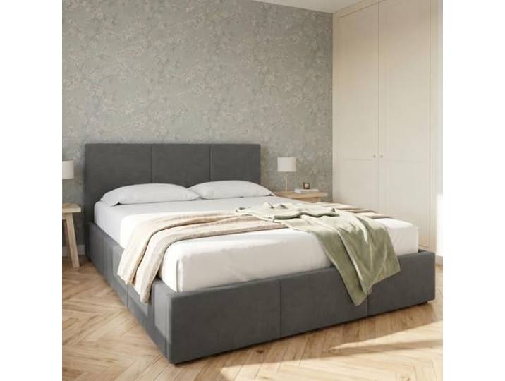 Home Collective Doppelbett Polsterbett 120x200 cm Aschgrau Bettgestell mit Lattenrost & Stauraum Kopfteil mit 3 Paneelen weicher Samt