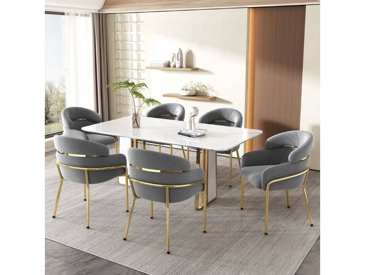 Set de 6 Chaise de Salle à Manger Luxe Léger Salon Chambre Chaise de Loisirs Pieds en Métal Velours Gris