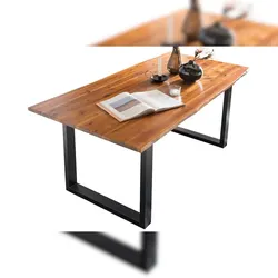 SalesFever Baumkante Esstisch 160 x 85 cm | Massivholz Akazie | Gestell Metall schwarz | B 160 x T 85 x H 77 cm | cognac